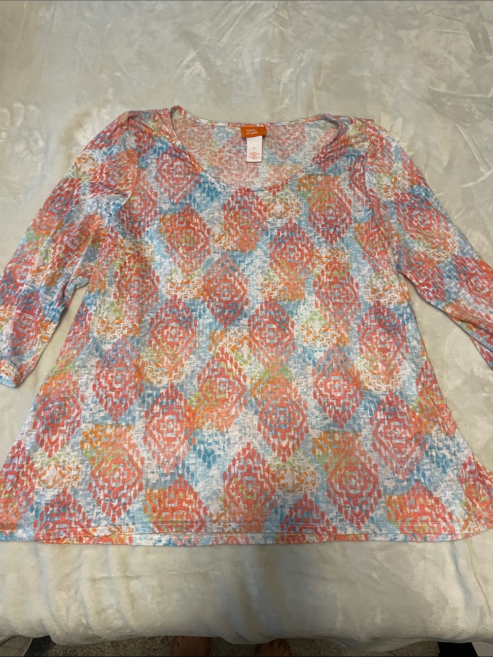 hearts of palm Coral, Blue & Yellow Patterned Scoop Neck Tunic Top